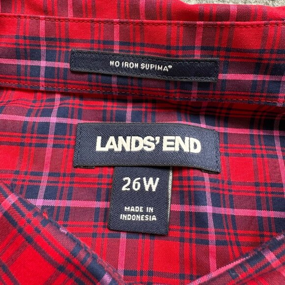 Lands End Shirt Womens 26W Red Blue Plaid No Iron Supima Cotton Button-Down - Picture 4 of 13